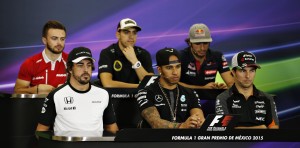 Sergio `Checo' Perez (Front row right) of Force India at the Thursday Press Conference. An FIA image 29oct2015 Mexico