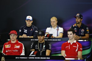 Clockwise: From top left: Marcus ERICSSON (Sauber), Valtteri BOTTAS (Williams), Daniel RICCIARDO (Red Bull Racing), Alexander ROSSI (Manor), LEWIS HAMILTON (Mercedes), Kimi RÄIKKÖNEN (Ferrari), At the FIA Thursday press conference before US GP. An FIA image