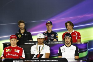 Lewis Hamilton (bottom row - centre) at the Press Conference of the last race of the year in Abu Dhabi on Thursday. An FIA image