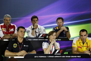 Friday press conference of Abu Dhabi in progress. Claire Williams is seated in the middle of the bottom row. An FIA image 