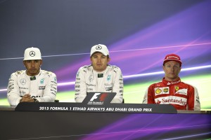 Rosberg (centre) takes pole at Abu Dhabi, the season's last race on Saturday. An FIA image