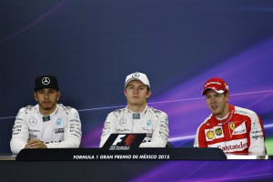Hamilton, Rosberg (centre ), who took Pole position and Vettel (right) at the Press Conference on Saturday. An FIA image