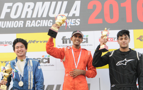 Sri Lankan Brayan Perera (centre), the overall winner of the first round of the Formula Junior Racing Series conducted by Meco Motor Sports in Coimbatore over the weekend, flanked by second-placed Alex Bora from Assam (left) and Chennai's Ashwin Datta who was third Overall.