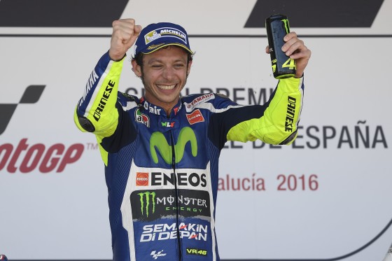 Rossi celebrates after winning Spanish GP. A Movistar Yamaha image