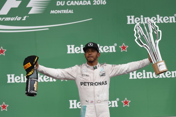 Hamilton celebrates after winning the Canadian GP for the fifth time in Montreal on Sunday. An FIA image