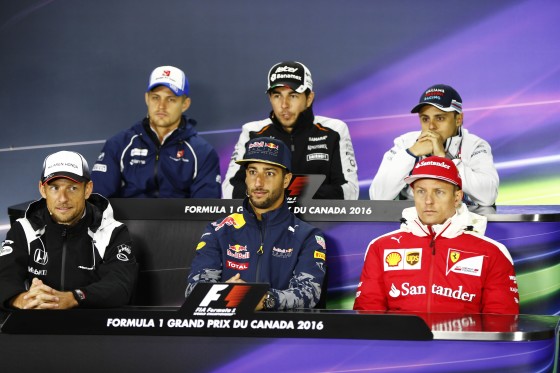 Sergio Perez (bottom row centre) at the FIA press conference on Thursday. An FIA image 