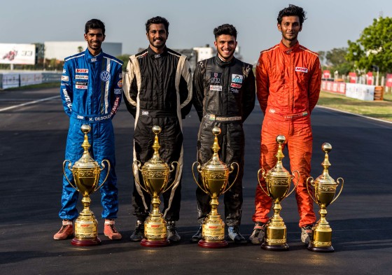 Championship winners (Left to Right) - Keith Desouza (IJTC), Arjun Narendran (ITC), Vikash Anand (MRF F1600) and Raghul Rangasamy (Super Stock, F1300). Image by Srinivasa Krishnan