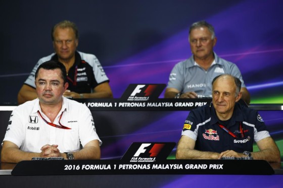 Bob Fernley (top row left) of Force India at the Friday Press Conference in Sepang. An FIA image