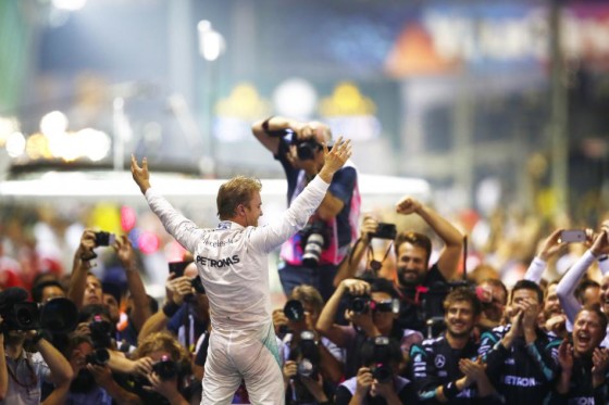 Nico Rosberg waves to the crowd after winning the night race at Singapore on Sunday. An FIA image