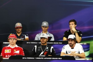Hamilton (front row - centre) at the Thursday Press Conference in Suzuka. An FIA image