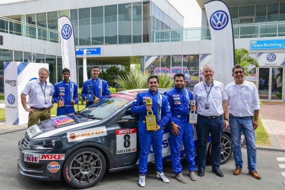 Vento Cup winner Ishaan Dodhiwala (left - front row) poses with VW Motorsport head Sirish Vissa (front row right) at BIC on Sunday. A VW Motorsport image