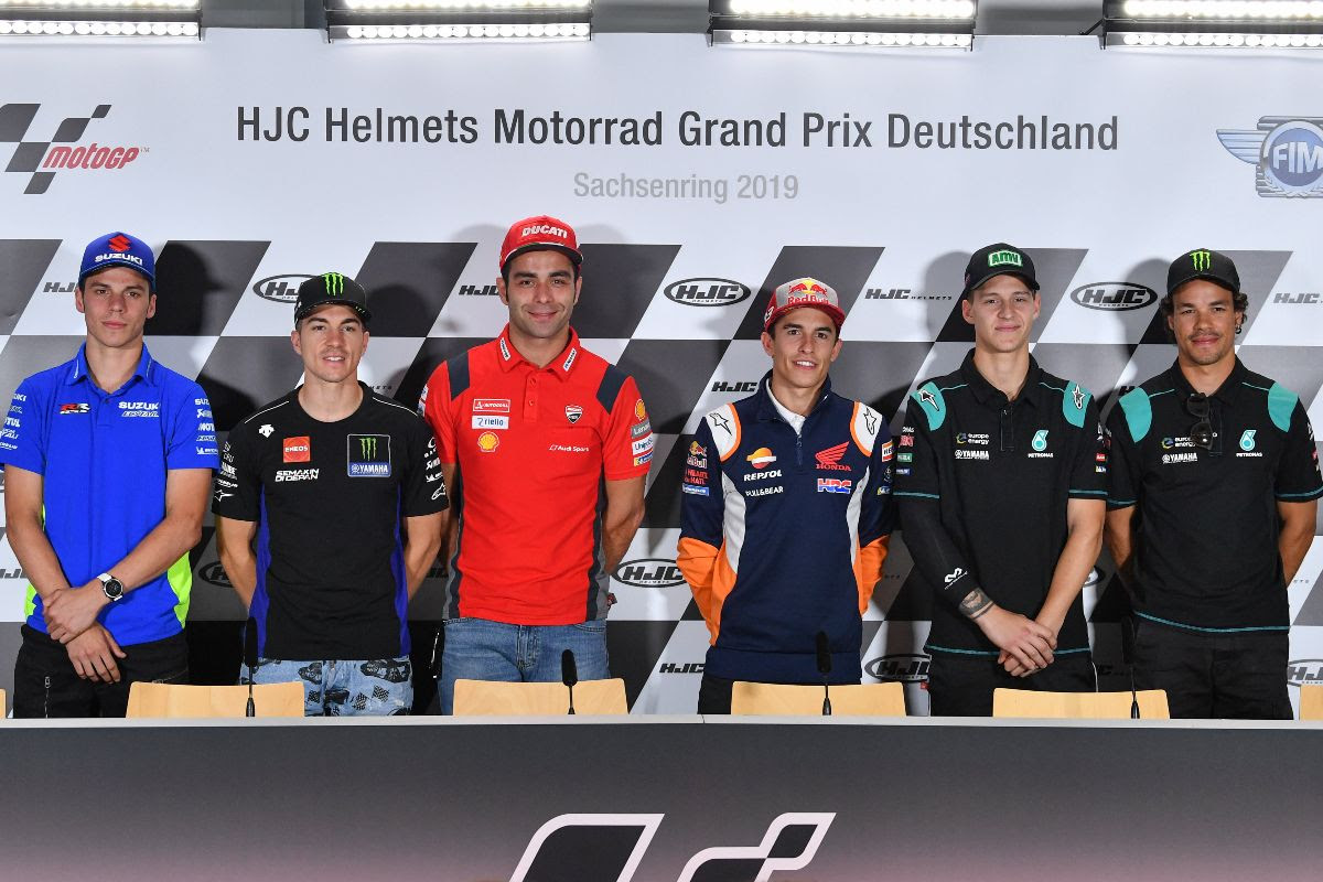 Photo of Riders talk shop in the pre-event Press Conference in Germany, gearing up to take on Marquez