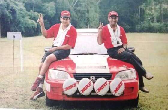 Sagar Muthappa, left, and co-driver Sandeep S Rao of Team MRF after their maiden Overall title at Coorg on Sunday. Scorp News photo by George Francis