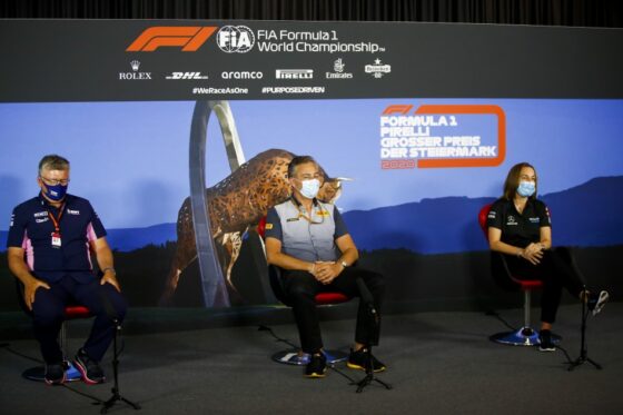 From Left: Otmar SZAFNAUER (Racing Point), Mario ISOLA (Pirelli), Claire WILLIAMS (Williams) at the second FIA Friday Press Meet. An FIA image