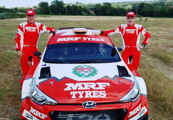 Craig Breen and Paul Nagle in MRF colours getting ready for ERC campaign on Hyundai I20. MRF image