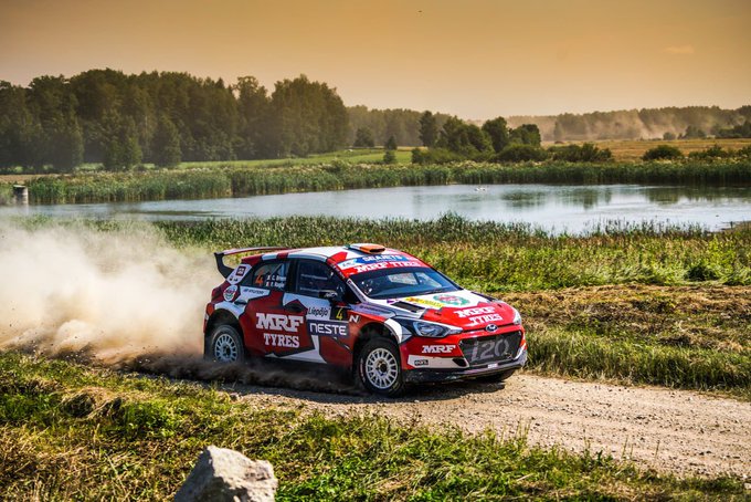 Photo of Team MRF Tyres drivers in a tight battle at Rally Liepaja