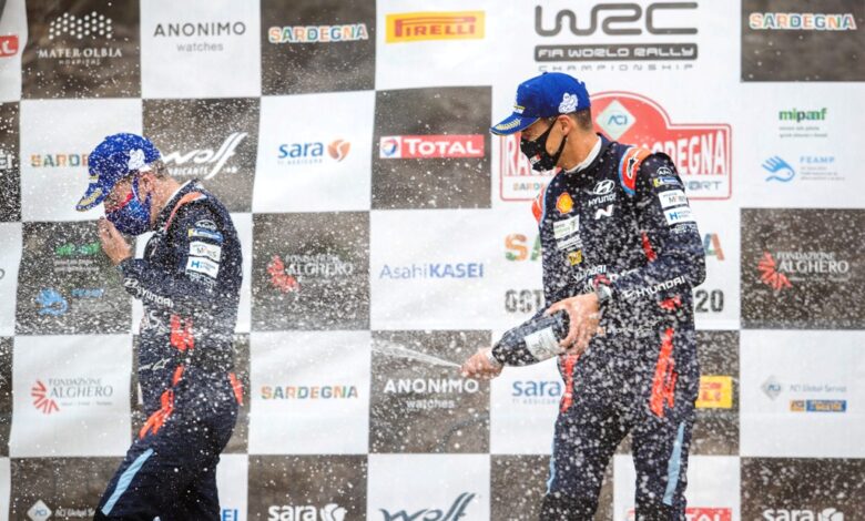 Hyundai drivers celebrate after winning WRC round.