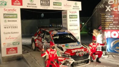 Photo of Team MRF Tyres on the Podium at Arctic Lapland Rally