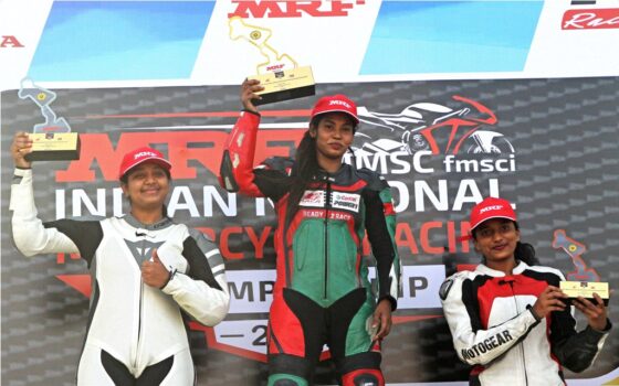 Ryhana Bee, centre, wins the Girls class with Baddam Deepika  Reddy, left, takes 2nd and Jagruti Kiran, 3rd at MMRT on Sunday. Photo by Anand Philar.