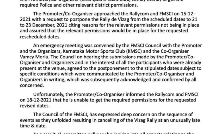 Photo of FMSCI statement: Rally de Vizag, INRC 4w season